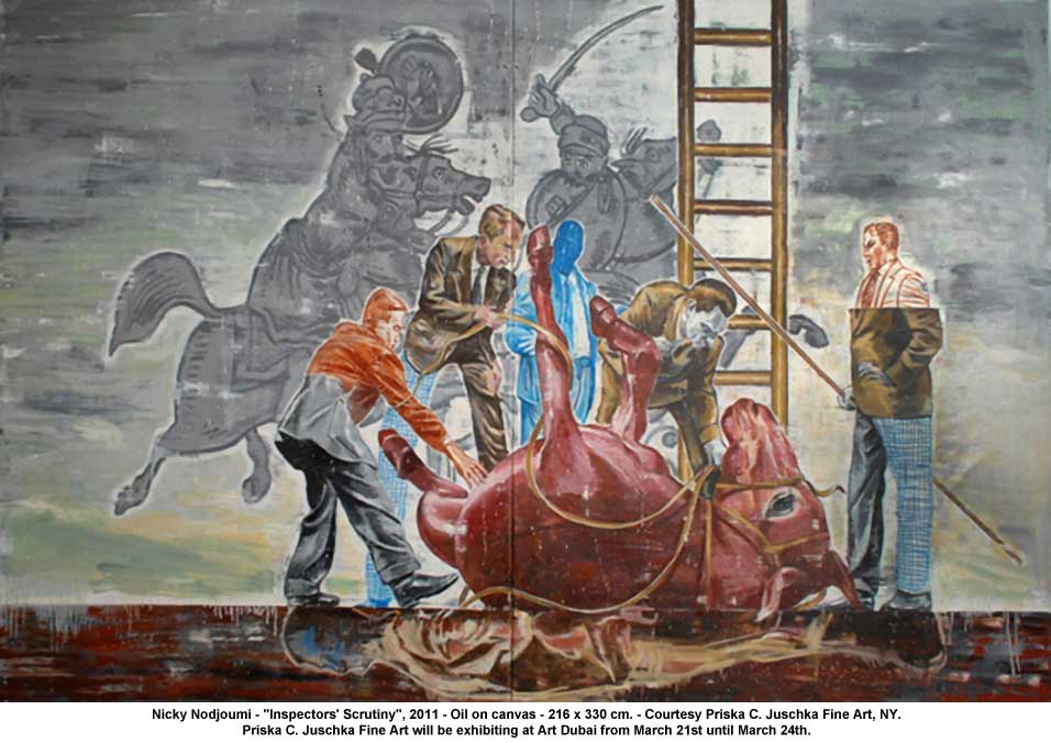 artwork: Nicky Nodjoumi - "Inspectors' Scrutiny", 2011 - Oil on canvas - 216 x 330 cm. - Courtesy Priska C. Juschka Fine Art, NY. Priska C. Juschka Fine Art will be exhibiting at Art Dubai from March 21st until March 24th. 