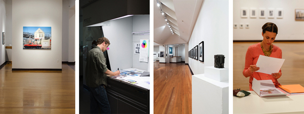 Left to right: Installation view, Joseloff Gallery; Morgan Ashcom (class of 2013); installation view, Joseloff Gallery; Robin Dahlberg (class of 2015). Two images at left are courtesy of Daniel Reuter (class of 2013); two images at right are courtesy of Chad Champoux Photography.