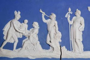 This blue and white jasper plaque, 1775-80, features the Birth of the Roman god of wine Bacchus. The design, modelled by William Hackwood, is an adaptation of an earlier tablet