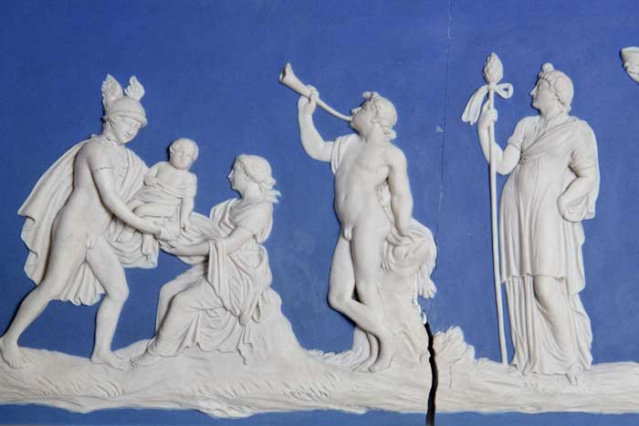 This blue and white jasper plaque, 1775-80, features the Birth of the Roman god of wine Bacchus. The design, modelled by William Hackwood, is an adaptation of an earlier tablet