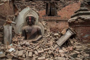 Earthquake damage at a temple in the historic city of Bhaktapur, Nepal, a Unesco World Heritage Site, photograph by Omar Havana/Getty Images
